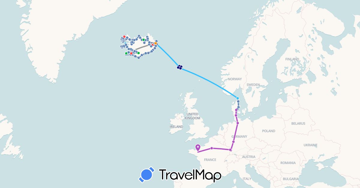 TravelMap itinerary: driving, bus, plane, cycling, train, hiking, boat, hitchhiking in Germany, Denmark, Faroe Islands, France, Iceland (Europe)